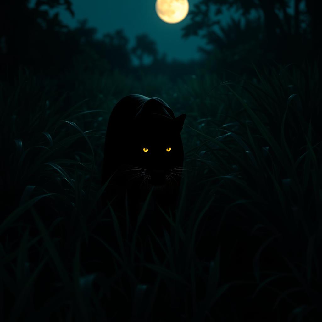 A shadowy panther stealthily moving through dark, lush grass at twilight, its sleek silhouette barely discernible against the deep greens and blacks of the underbrush