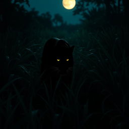 A shadowy panther stealthily moving through dark, lush grass at twilight, its sleek silhouette barely discernible against the deep greens and blacks of the underbrush