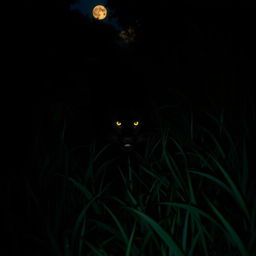 A shadowy panther stealthily moving through dark, lush grass at twilight, its sleek silhouette barely discernible against the deep greens and blacks of the underbrush