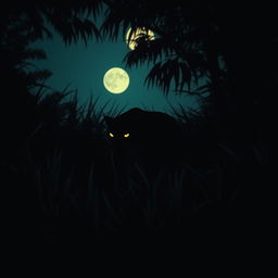 A shadowy panther stealthily moving through dark, lush grass at twilight, its sleek silhouette barely discernible against the deep greens and blacks of the underbrush