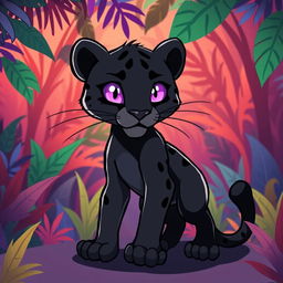 A shadowy panther in a whimsical cartoon style, featuring bright purple eyes that sparkle with mystery