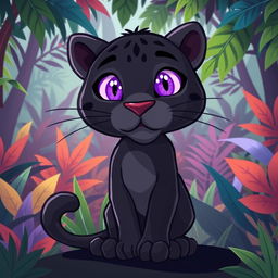 A shadowy panther in a whimsical cartoon style, featuring bright purple eyes that sparkle with mystery