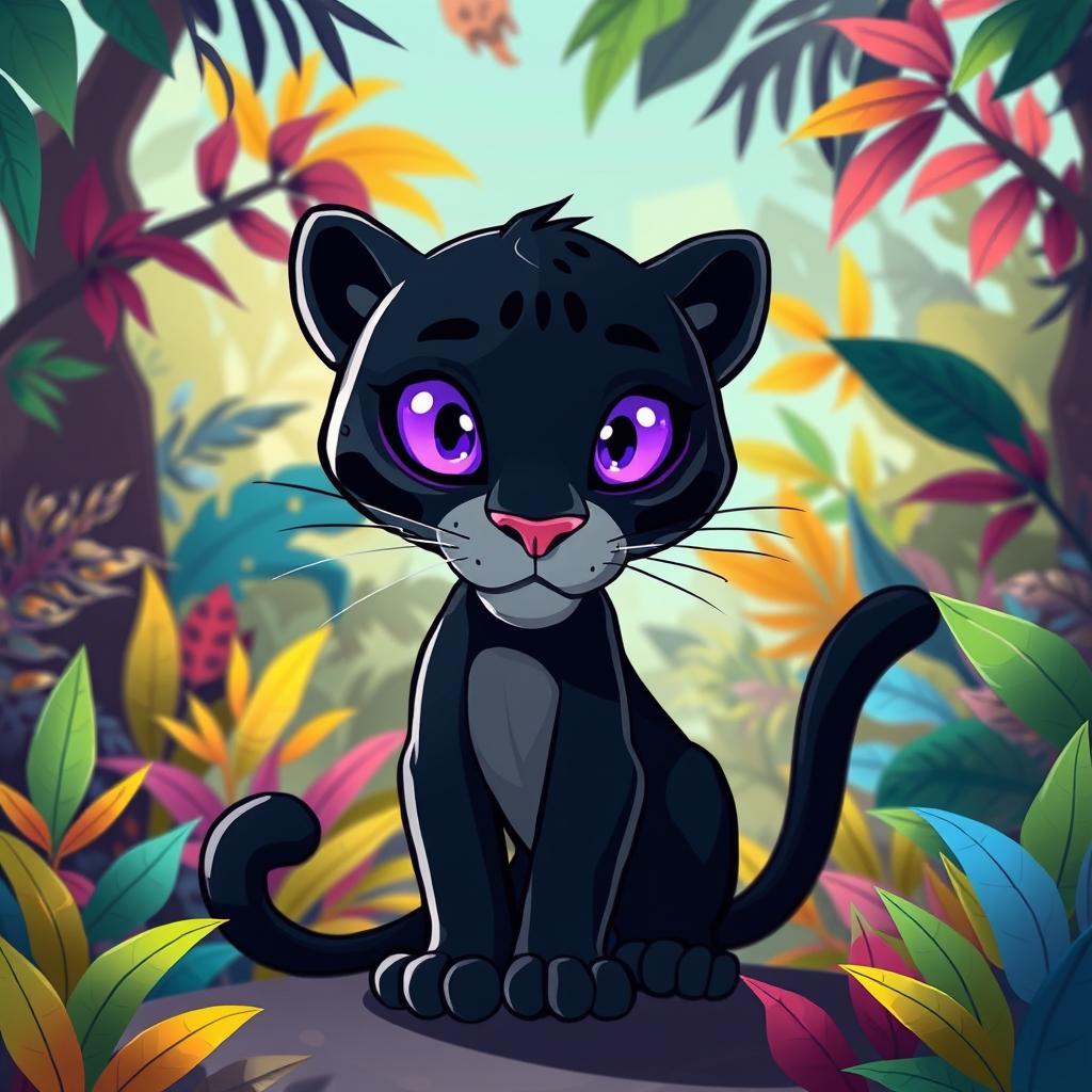 A shadowy panther in a whimsical cartoon style, featuring bright purple eyes that sparkle with mystery