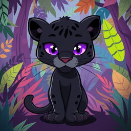 A shadowy panther in a whimsical cartoon style, featuring bright purple eyes that sparkle with mystery