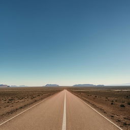 A single-lane freeway stretching far into the horizon, amidst serene landscapes and under a vast open sky.