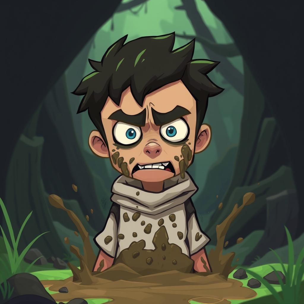 A nervous person depicted in a stylized game art style, covered in mud and looking apprehensive