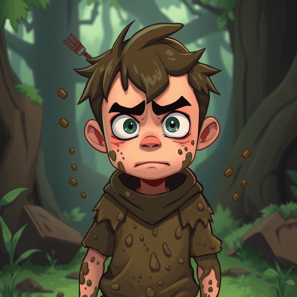 A nervous person depicted in a stylized game art style, covered in mud and looking apprehensive