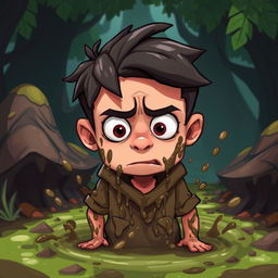 A nervous person depicted in a stylized game art style, covered in mud and looking apprehensive