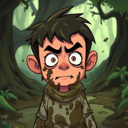 A nervous person depicted in a stylized game art style, covered in mud and looking apprehensive