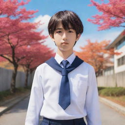 Anime-style boy dressed in a detailed Japanese school uniform, standing confidently with a vibrant backdrop.