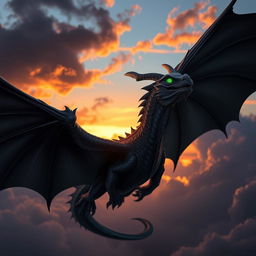 A majestic shadow dragon soaring through a twilight sky, its large wings spread wide and casting a dark silhouette against the fading light