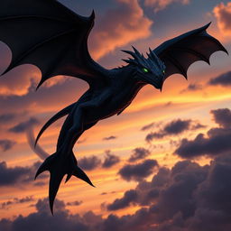 A majestic shadow dragon soaring through a twilight sky, its large wings spread wide and casting a dark silhouette against the fading light