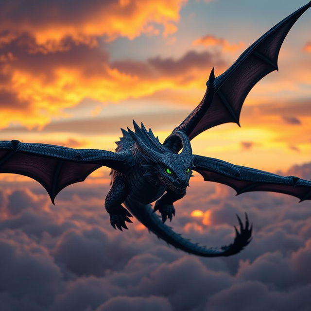 A majestic shadow dragon soaring through a twilight sky, its large wings spread wide and casting a dark silhouette against the fading light