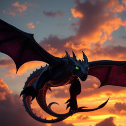 A majestic shadow dragon soaring through a twilight sky, its large wings spread wide and casting a dark silhouette against the fading light