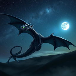 A formidable shadow dragon soaring majestically through a starry night sky, its enormous wings spread wide as it glides effortlessly among the twinkling stars