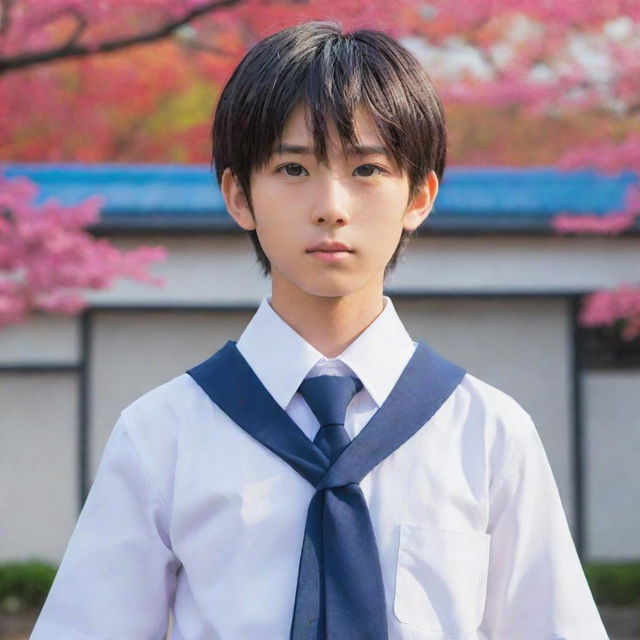 Anime-style boy dressed in a detailed Japanese school uniform, standing confidently with a vibrant backdrop.