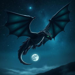 A formidable shadow dragon soaring majestically through a starry night sky, its enormous wings spread wide as it glides effortlessly among the twinkling stars