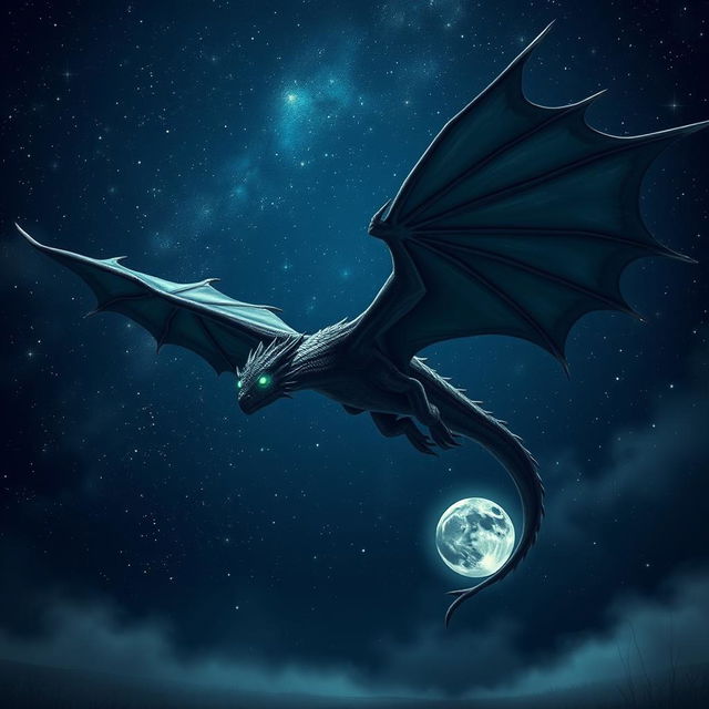 A formidable shadow dragon soaring majestically through a starry night sky, its enormous wings spread wide as it glides effortlessly among the twinkling stars