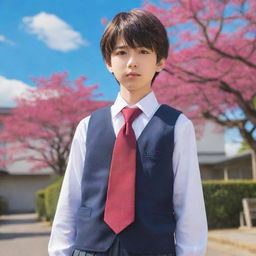 Anime-style boy dressed in a detailed Japanese school uniform, standing confidently with a vibrant backdrop.