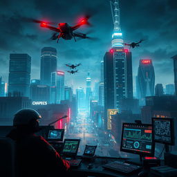 A captivating scene illustrating electronic warfare set against the backdrop of a vigilant city, where technology is omnipresent