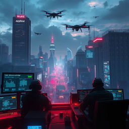 A captivating scene illustrating electronic warfare set against the backdrop of a vigilant city, where technology is omnipresent