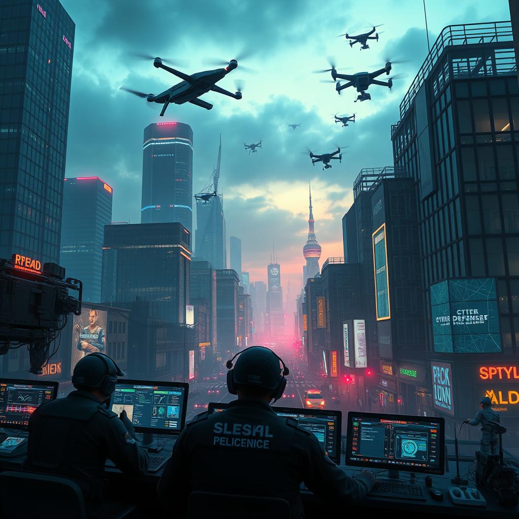 A captivating scene illustrating electronic warfare set against the backdrop of a vigilant city, where technology is omnipresent