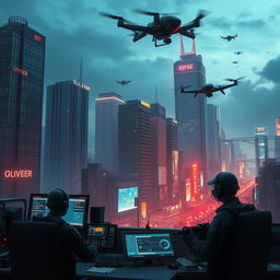 A captivating scene illustrating electronic warfare set against the backdrop of a vigilant city, where technology is omnipresent