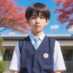 Anime-style boy dressed in a detailed Japanese school uniform, standing confidently with a vibrant backdrop.