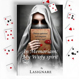 An e-book cover featuring the ghost of a woman, her face shrouded by a diary or notebook that has the phrase 'Omnia veritas aperietur, sed tempore et loco suo' inscribed on it