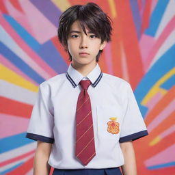 Anime-style boy with exaggerated, vibrant anime effects, dressed in a detailed Japanese school uniform, standing confidently against a dynamic, colorful backdrop.