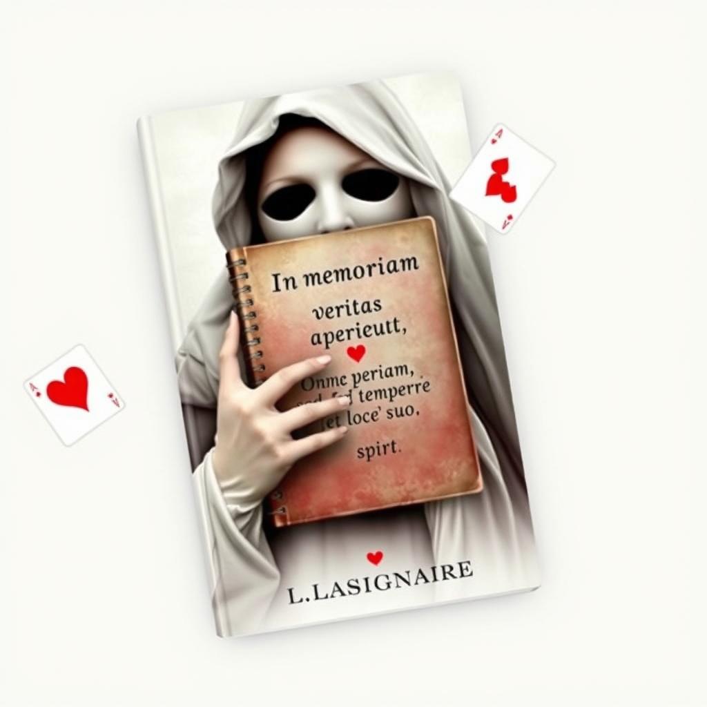 An e-book cover featuring the ghost of a woman, her face shrouded by a diary or notebook that has the phrase 'Omnia veritas aperietur, sed tempore et loco suo' inscribed on it