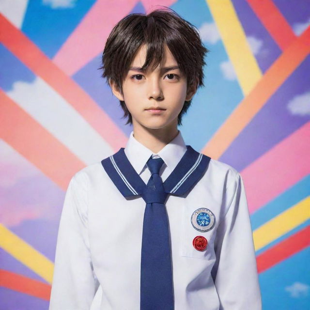 Anime-style boy with exaggerated, vibrant anime effects, dressed in a detailed Japanese school uniform, standing confidently against a dynamic, colorful backdrop.