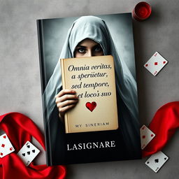 An e-book cover featuring the ghost of a woman, her face obscured by a notebook that bears the inscription 'Omnia veritas aperietur, sed tempore et loco suo'