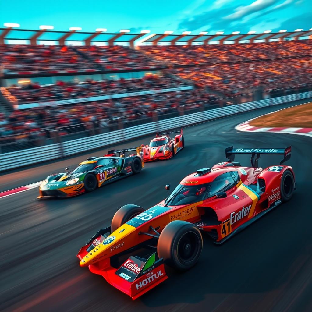 An intense racing scene featuring sleek, high-performance race cars speeding around a winding track