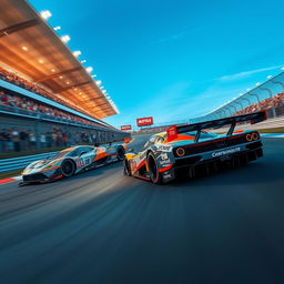 An intense racing scene featuring sleek, high-performance race cars speeding around a winding track