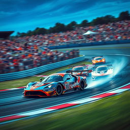 An intense racing scene featuring sleek, high-performance race cars speeding around a winding track