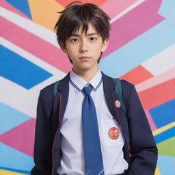 Anime-style boy with exaggerated, vibrant anime effects, dressed in a detailed Japanese school uniform, standing confidently against a dynamic, colorful backdrop.