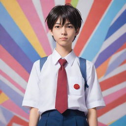 Anime-style boy with exaggerated, vibrant anime effects, dressed in a detailed Japanese school uniform, standing confidently against a dynamic, colorful backdrop.