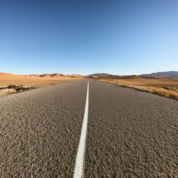 A single-lane freeway stretching far into the horizon, amidst serene landscapes and under a vast open sky.