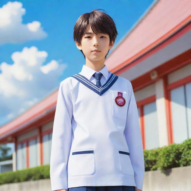 Cartoon-style representation of an anime boy, wearing a Japanese school uniform, standing confidently with a bright, playful background.