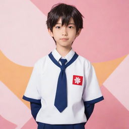 Cartoon-style representation of an anime boy, wearing a Japanese school uniform, standing confidently with a bright, playful background.