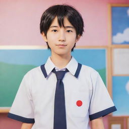 Cartoon-style representation of an anime boy, wearing a Japanese school uniform, standing confidently with a bright, playful background.