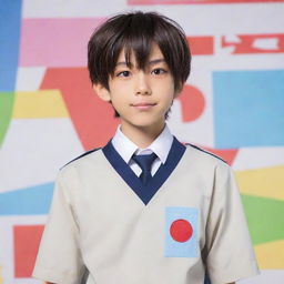 Cartoon-style representation of an anime boy, wearing a Japanese school uniform, standing confidently with a bright, playful background.