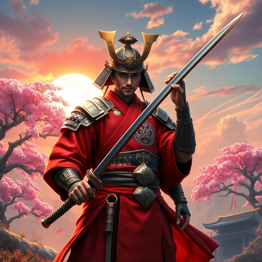 A visually stunning portrayal of a samurai dressed in striking red clothing, designed in a vibrant game art style