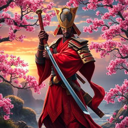 A visually stunning portrayal of a samurai dressed in striking red clothing, designed in a vibrant game art style