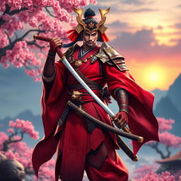 A visually stunning portrayal of a samurai dressed in striking red clothing, designed in a vibrant game art style