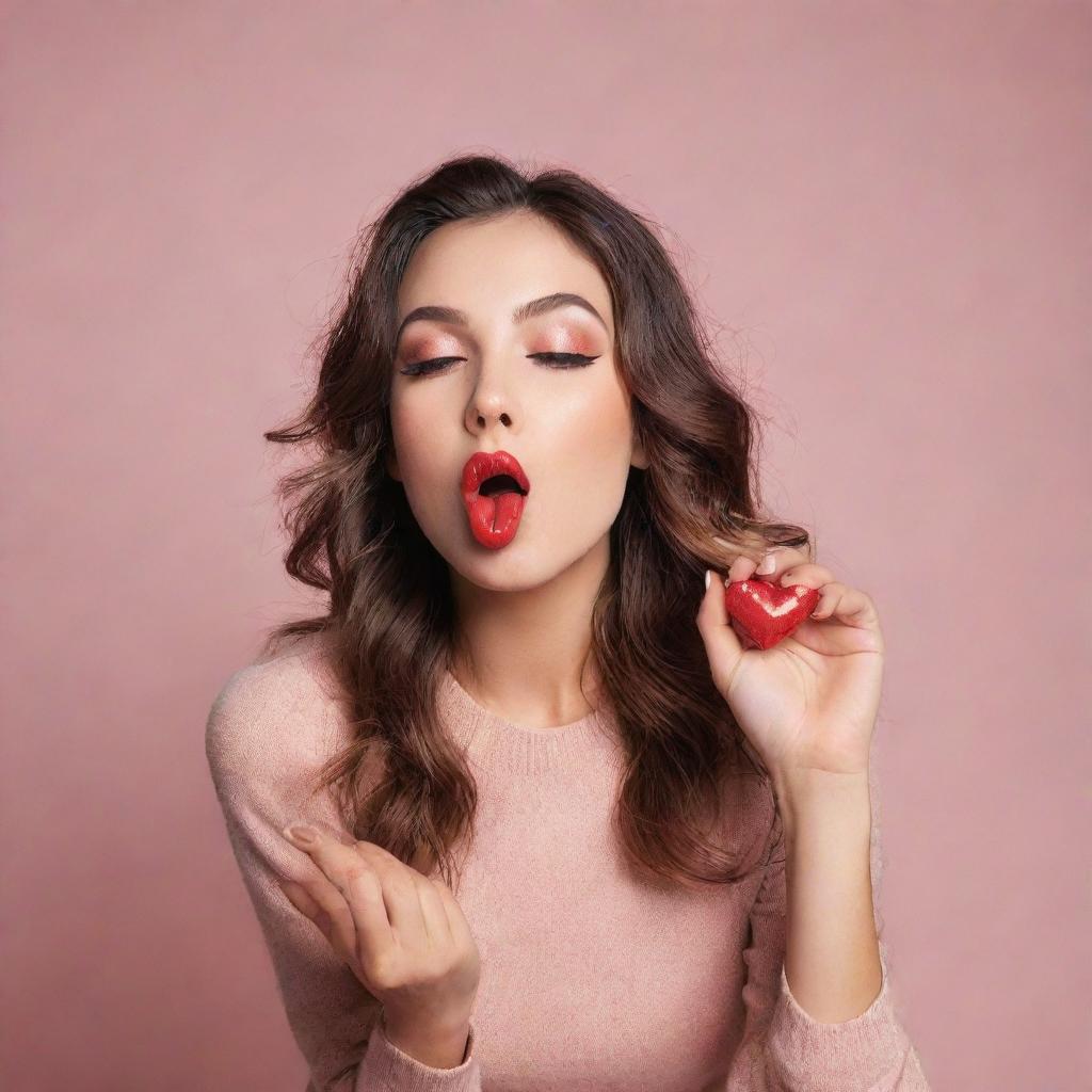 A fashionable, playful woman playfully blowing an animated, heart-shaped kiss.