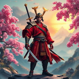 A visually stunning portrayal of a samurai dressed in striking red clothing, designed in a vibrant game art style