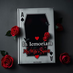 A book cover design featuring a dark, eerie atmosphere with an ominous shadow in a coffin made of playing cards