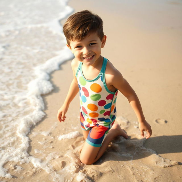 A young boy at the beach wearing a colorful swimsuit, enjoying the sun and sand